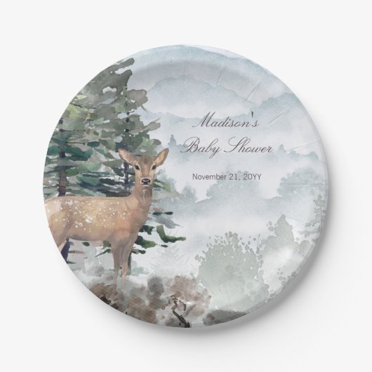 Waterverf Woodland Forest Doe Baby shower Papieren Bordje (Voorkant)
