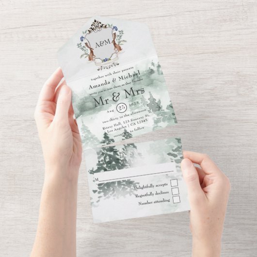 Waterverf Woodland Laurel Crest Monogram Wedding All In One Uitnodiging (Afscheurbaar)