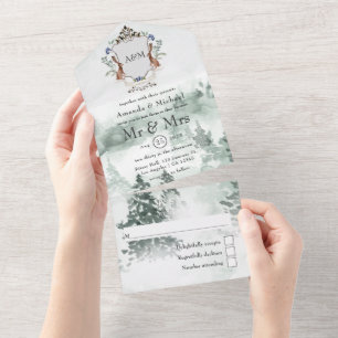 Waterverf Woodland Laurel Crest Monogram Wedding All In One Uitnodiging