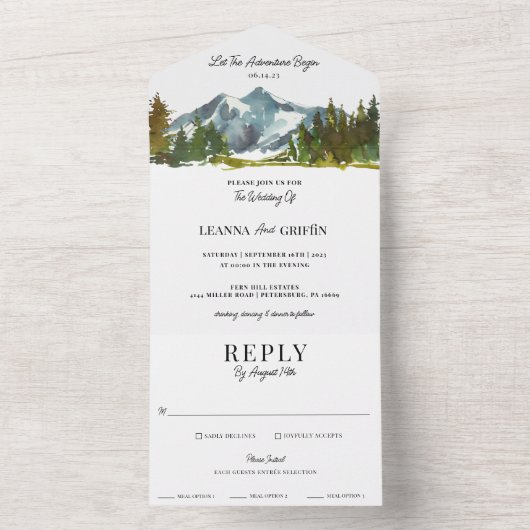 Waterverf Woodland Mountains Moderne bruiloft All In One Uitnodiging (Binnen)