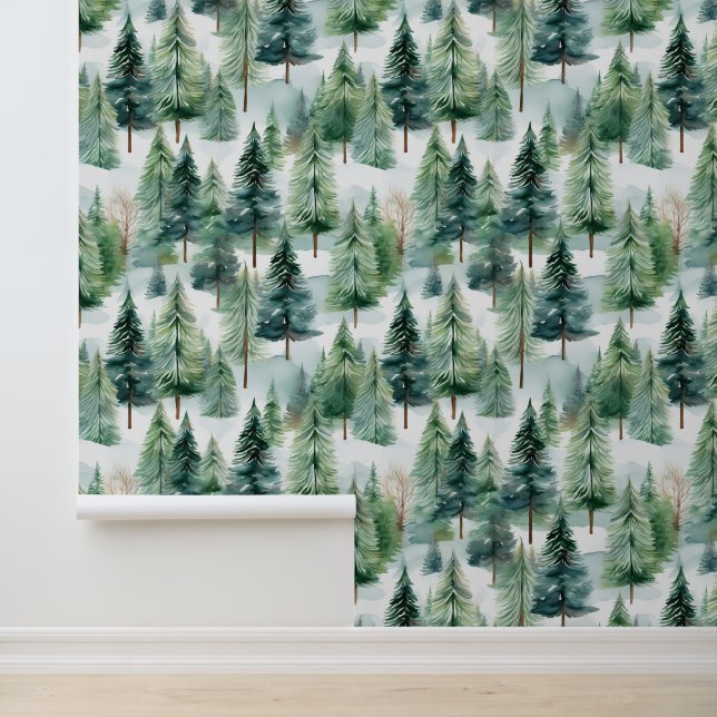 Waterverf Woodland Pine Trees Sneeuwval Behang (Applicatie)