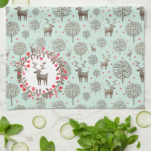 Waterverf Woodland Reindeer Pattern Zee Green Theedoek (Gevouwen)