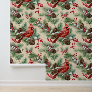 Waterverf Woodland Snow Pine Branch Kardinaal Bird Behang