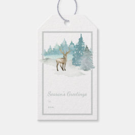 Waterverf Woodland Winter Deer Kerstmis Cadeaulabel