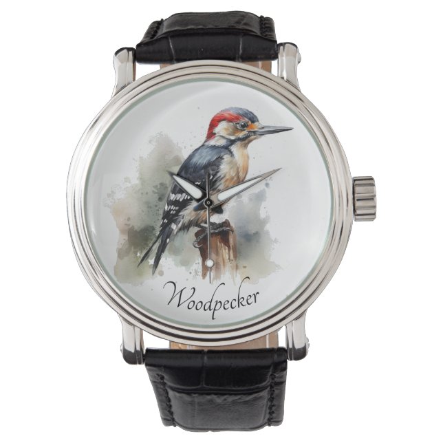 Waterverf Woodland Woodpecker, aangepast Horloge (Voorkant)