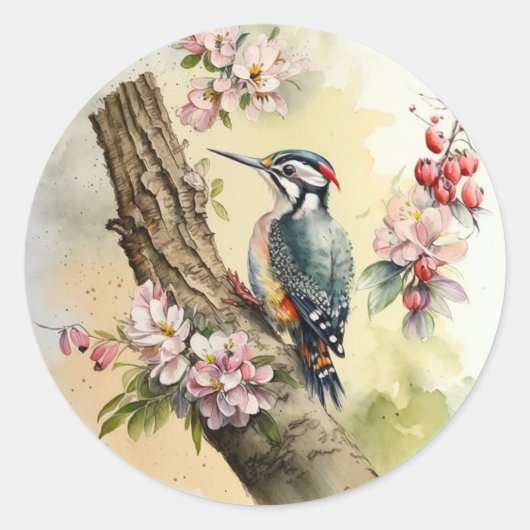 Waterverf Woodpecker Ronde Sticker (Voorkant)