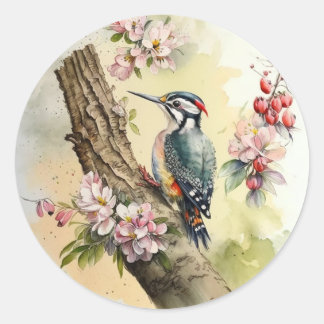 Waterverf Woodpecker Ronde Sticker