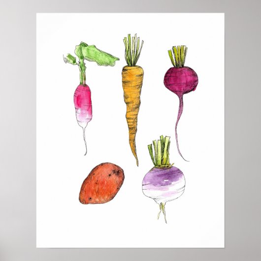 Waterverf wortelgroenten Ink Kitchen Art Poster (Voorkant)