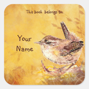 Waterverf Wren Bird Dit boek hoort bij Bookplate Vierkante Sticker