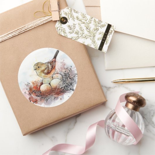 Waterverf Wren Nest Ronde Sticker (Geschenken)