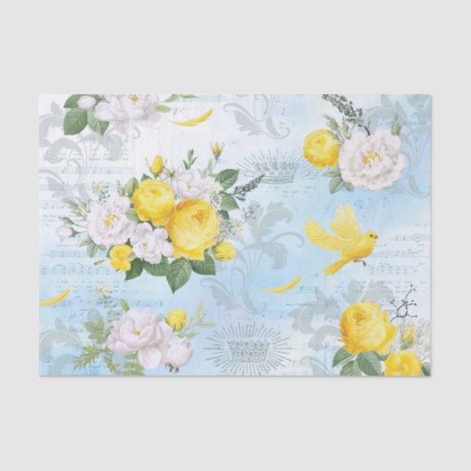 Waterverf Yellow Bird en Floral Pattern Collage Tissuepapier (Voorkant)
