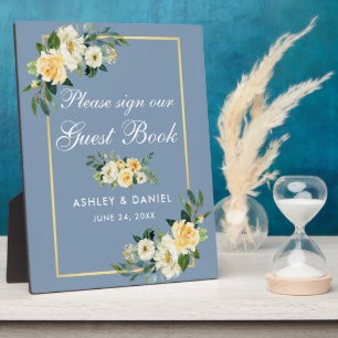 Waterverf Yellow Floral Dusty Blue Guest Book Fotoplaat