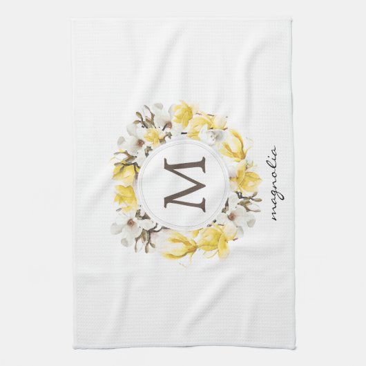 Waterverf Yellow Magnolia Wreatmonogram Theedoek (Verticaal)