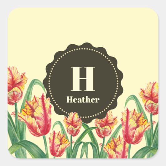 Waterverf Yellow Parrot Tulips Floral Monogram Vierkante Sticker (Voorkant)