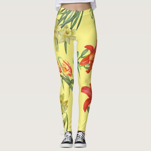Waterverf Yellow Spring Flowers Bloempatroon Leggings (Voorkant)