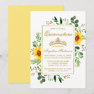 Waterverf Yellow Sunflower Greenery Quinceanera Kaart
