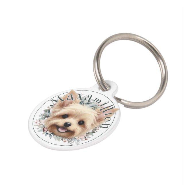 Waterverf Yorkie en Floral Wreath Huisdierpenning (Zijkant)