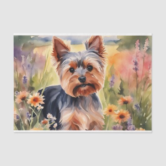 Waterverf Yorkshire Terrier in bloemendecoupage Tissuepapier (Voorkant)