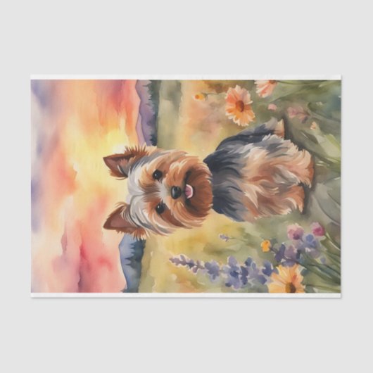 Waterverf Yorkshire Terrier in bloemendecoupage Tissuepapier (Voorkant)