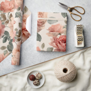 Waterverf Zacht Roze Roos Beige Bloemmotief Cadeaupapier