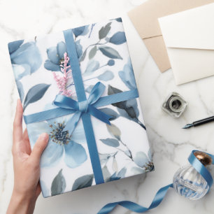 Waterverf Zachte Blauwe Bloem Witte Bloemmotief Cadeaupapier
