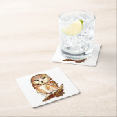 Waterverf Zag Whet Uil Schattigee Vogel Natuur Kun Vierkante Kartonnen Onderzetter (Insitu)