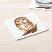 Waterverf Zag Whet Uil Schattigee Vogel Natuur Kun Vierkante Kartonnen Onderzetter (Schuin)
