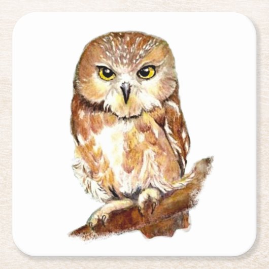 Waterverf Zag Whet Uil Schattigee Vogel Natuur Kun Vierkante Kartonnen Onderzetter (Voorkant)