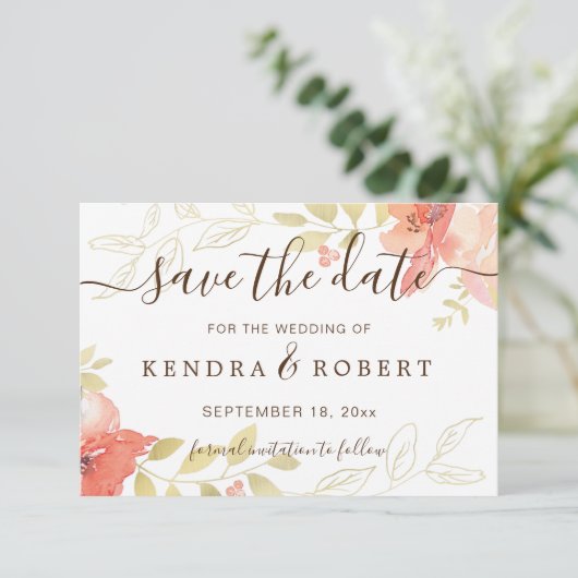 Waterverf Zalmroze rozen & goudvulling Bespaar T Save The Date (Staand voorkant)