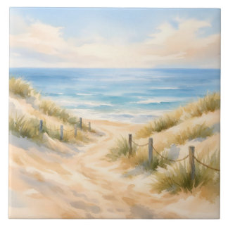 Waterverf Zandstrand en Oceaan Illustratie  Tegeltje