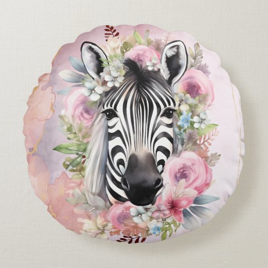 Waterverf Zebra en bloemenkrans Rond Kussen (Voorkant)