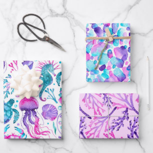 Waterverf Zee Creatures, Paint Strokes en Koraal Inpakpapier Vel