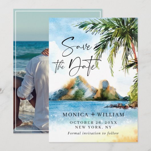 Waterverf Zee palmboom foto Save The Date (Voorkant / Achterkant)