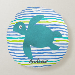 Waterverf Zee Scheepsboomschildpad en -strepen Rond Kussen