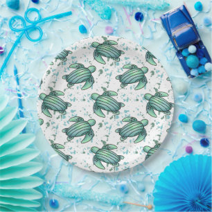 waterverf zee schildpad groen blauw patroondier papieren bordje