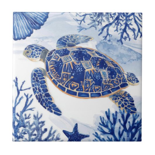 Waterverf Zee Schildpad Oceaan Blauw Tegeltje (Voorkant)