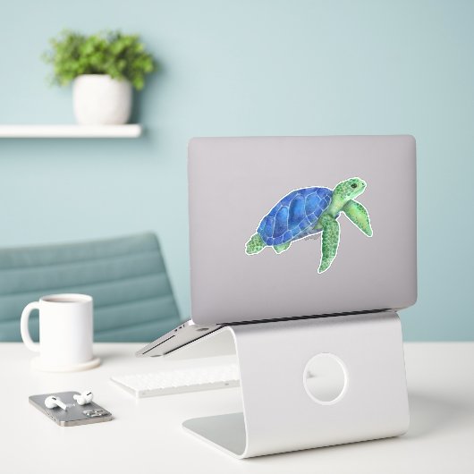 Waterverf zee schildpad sticker (Laptop op bureau)