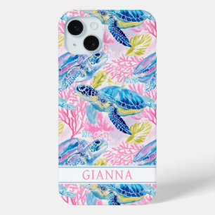 Waterverf Zee Schildpadden Monogram iPhone 15 Mini Hoesje