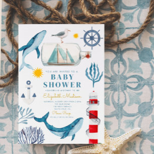 Waterverf Zee Schip, Sailor Whale Zee Baby shower Kaart