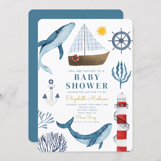 Waterverf Zee Schip, Sailor Whale Zee Baby shower Kaart