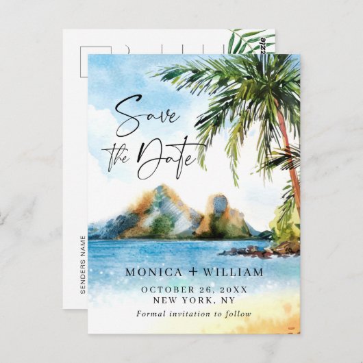 Waterverf Zee Strand Palm Bruiloft Save the Date Briefkaart (Voorkant / Achterkant)