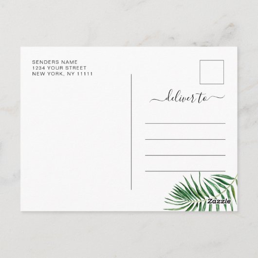 Waterverf Zee Strand Palm Bruiloft Save the Date Briefkaart (Achterkant)