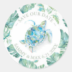 Waterverf Zee Turtle & Greenery Envelope Seal Ronde Sticker