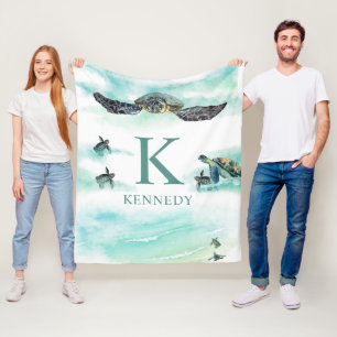 Waterverf Zee Turtle Ocean Monogram Naam Fleece Deken