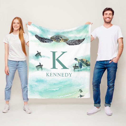 Waterverf Zee Turtle Ocean Monogram Naam Fleece Deken (In situ)