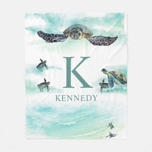 Waterverf Zee Turtle Ocean Monogram Naam Fleece Deken (Voorkant)