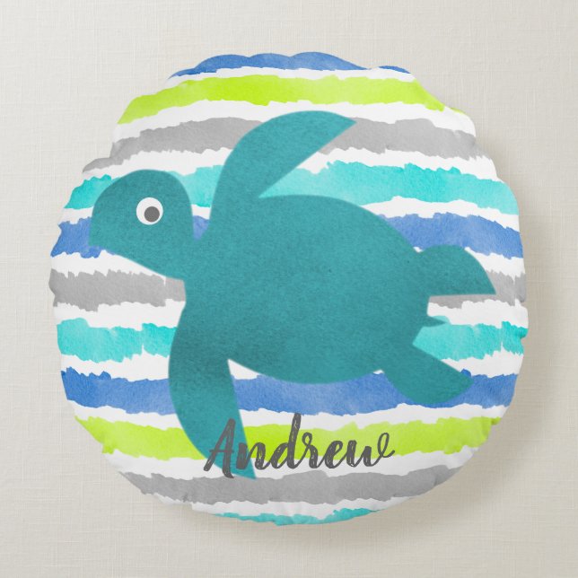 Waterverf Zee Turtle Shibori Stripes en Wave Rond Kussen (Voorkant)
