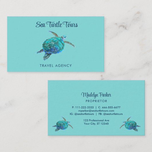 Waterverf Zee Turtle Turquoise Visitekaartje (Voorkant / Achterkant)