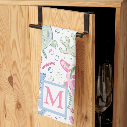 Waterverf Zee Turtles Coastal Ocean Monogram Theedoek (Derde Gevouwen)