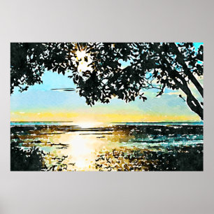 Waterverf Zeegezicht Zonsopgang Poster